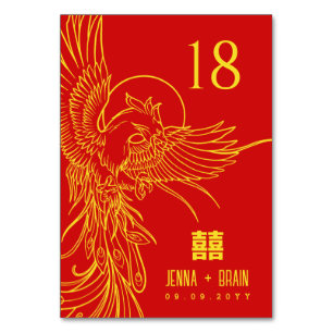 Tarjeta De Mesa Phoenix Theme Doble Felicidad   Oro en rojo