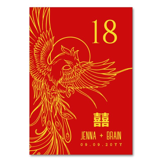 Tarjeta De Mesa Phoenix Theme Doble Felicidad | Oro en rojo (Anverso)