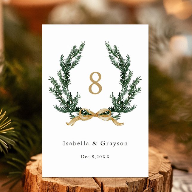 Tarjeta De Mesa Pine Garland Wreath Gold and Green Wedding (Subido por el creador)