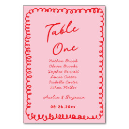 Tarjeta De Mesa pink and red hand drawn heart whimsical wedding