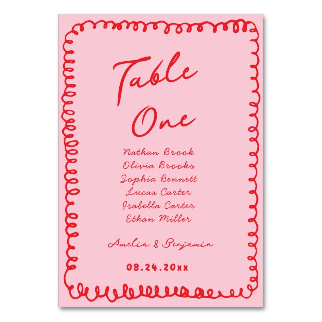 Tarjeta De Mesa pink and red hand drawn heart whimsical wedding (Anverso)