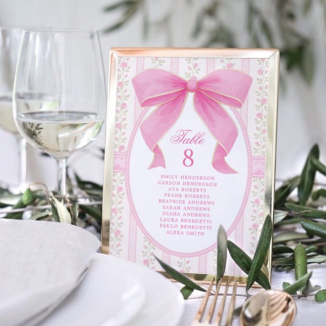 Tarjeta De Mesa Pink Bow Floral Roses Seating Chart Table Number (Subido por el creador)