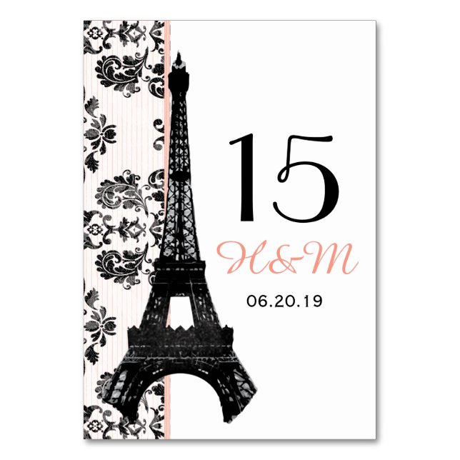 TARJETA DE MESA PINK DAMASK EIFFEL TOWER BODA PARISIANO (Anverso)