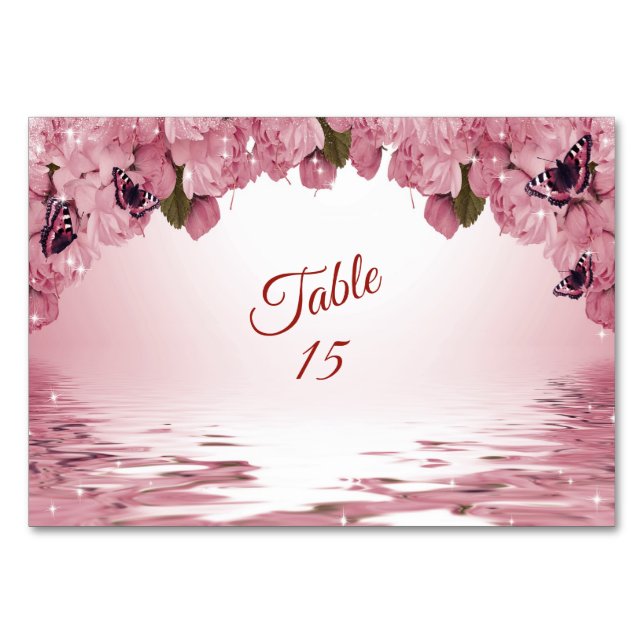 Tarjeta De Mesa Pink Floral Nature Butterfly Outdoor Wedding Party (Anverso)