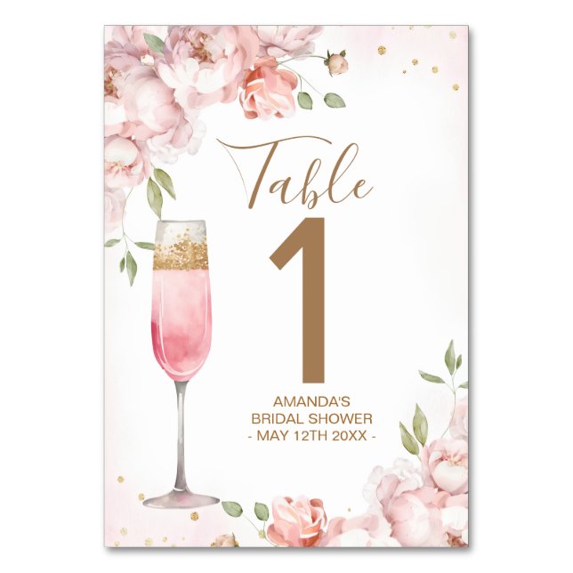 Tarjeta De Mesa Pink Flowers Brunch & Bubbly Bridal Shower  (Anverso)
