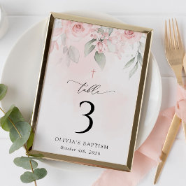 Tarjeta De Mesa Pink Flowers, Greenery, Baptism Table Numbers