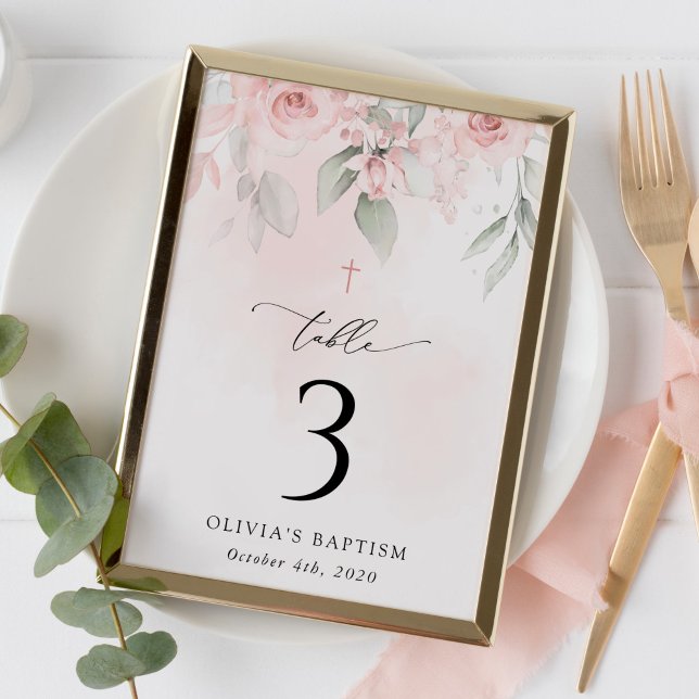 Tarjeta De Mesa Pink Flowers, Greenery, Baptism Table Numbers (Subido por el creador)