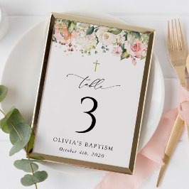 Tarjeta De Mesa Pink Flowers, White Flowers, Baptism Table Numbers