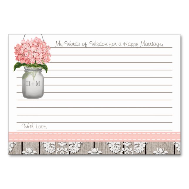 Tarjeta De Mesa Pink Hydrangea Mason Jar Palabras de Consejos (Anverso)