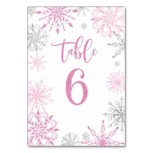 Tarjeta De Mesa Pink Silver Snowflakes baby ducha Six