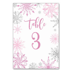 Tarjeta De Mesa Pink Silver Snowflakes baby ducha Tres