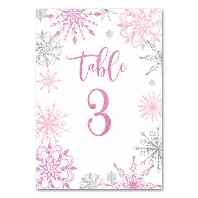 Tarjeta De Mesa Pink Silver Snowflakes baby ducha Tres (Anverso)
