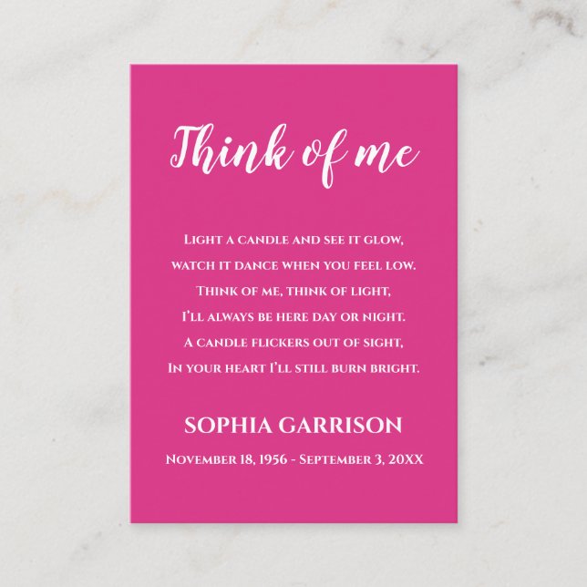 Tarjeta De Mesa Pink Think Of Me Celebration of Life Candle (Anverso)