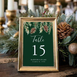 Tarjeta De Mesa Pino de Acuarela de Invierno Verde Boda