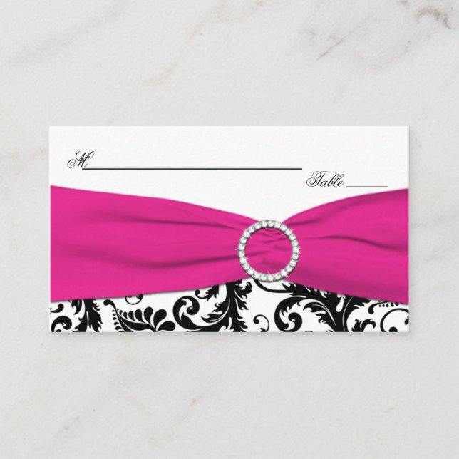 Tarjeta De Mesa Placecards Black, White y Fuchsia Damask (Anverso)