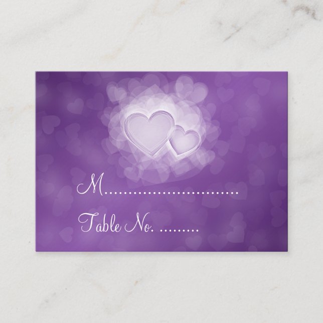 Tarjeta De Mesa Placecards bodas Corazones modernos morados (Anverso)
