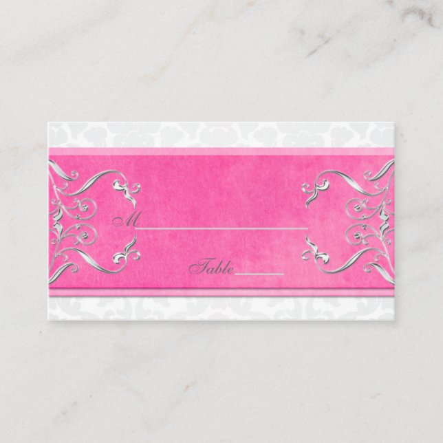 Tarjeta De Mesa Placecards de damasco rosa, blanco y gris (Anverso)