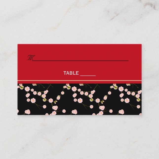 Tarjeta De Mesa Placecards de flores de cerezo rojo y negro (Anverso)
