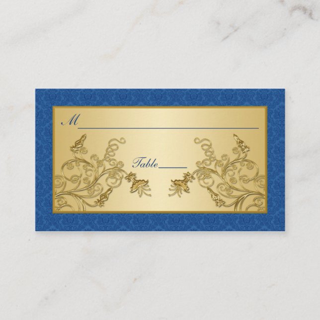 Tarjeta De Mesa Placecards florales azules y dorados para damascos (Anverso)