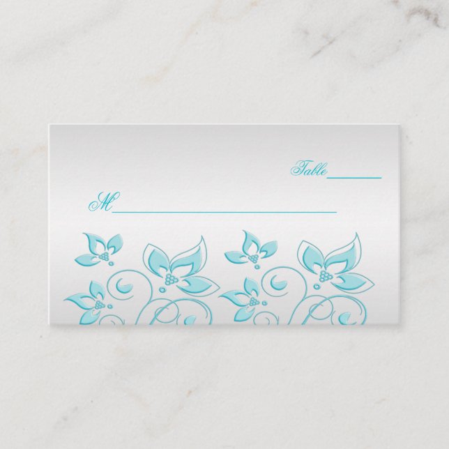 Tarjeta De Mesa Placecas florales plateadas y turquesas (Anverso)