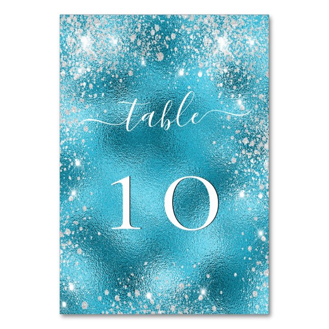 Tarjeta De Mesa Plata azul de boda (Anverso)