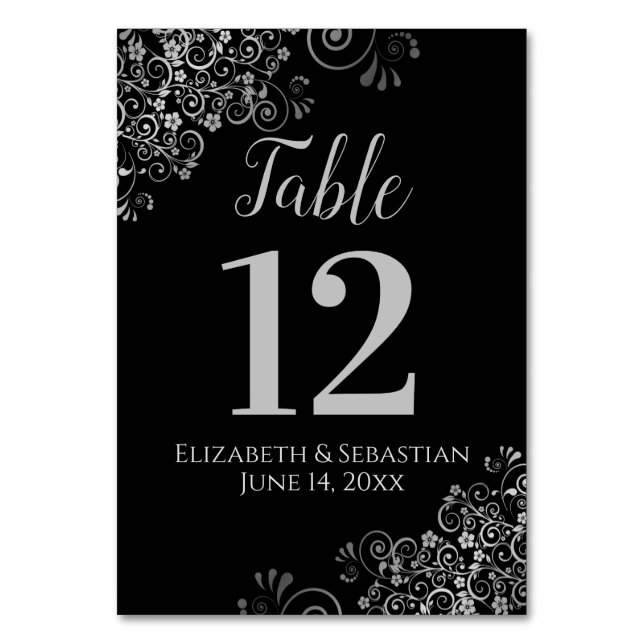 Tarjeta De Mesa Plata en negro elegante amigo Boda (Anverso)