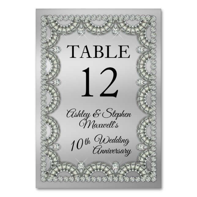 Tarjeta De Mesa Plata | Fiesta del 10º Aniversario de Boda de Diam (Anverso)