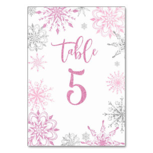 Tarjeta De Mesa Plata rosa Snowflakes baby ducha Cinco