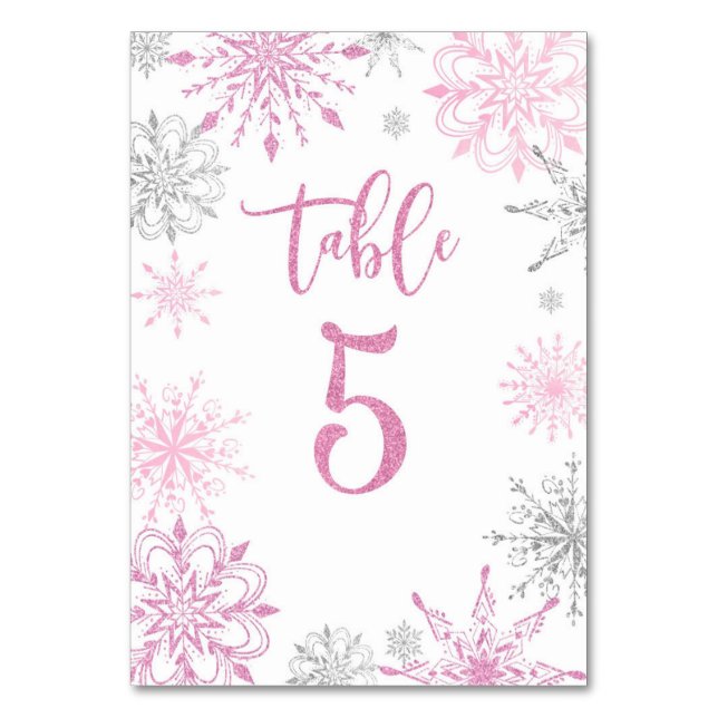 Tarjeta De Mesa Plata rosa Snowflakes baby ducha Cinco (Anverso)
