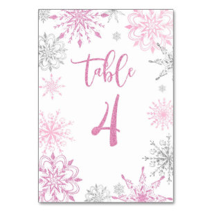 Tarjeta De Mesa Plata rosa Snowflakes baby ducha Cuatro