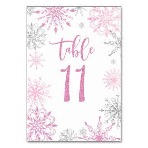 Tarjeta De Mesa Plata rosa Snowflakes baby ducha Eleven