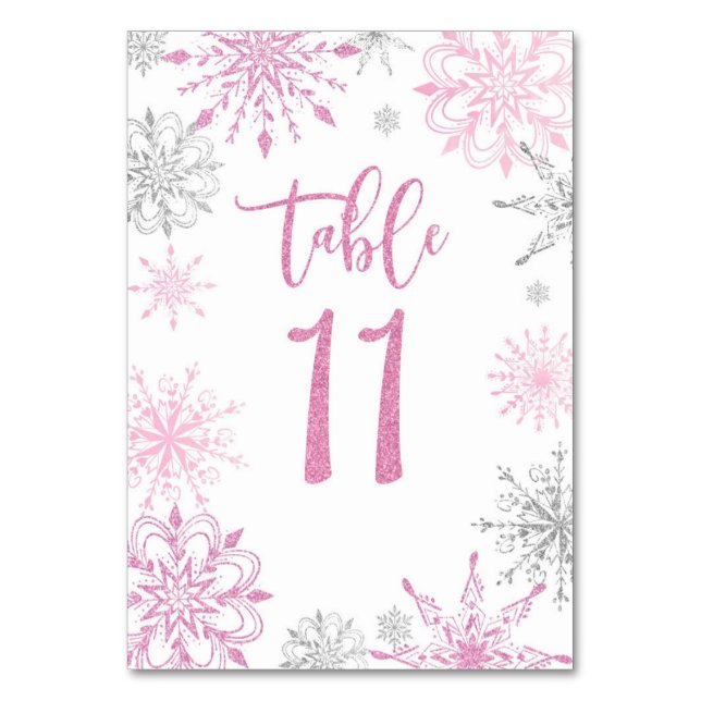 Tarjeta De Mesa Plata rosa Snowflakes baby ducha Eleven (Anverso)