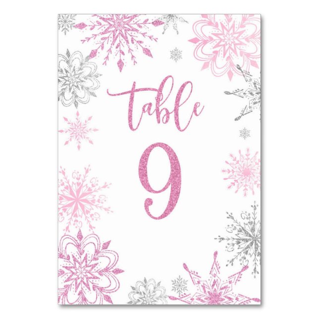Tarjeta De Mesa Plata rosa Snowflakes baby ducha Nueve (Anverso)