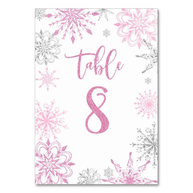 Tarjeta De Mesa Plata rosa Snowflakes baby ducha Ocho (Anverso)