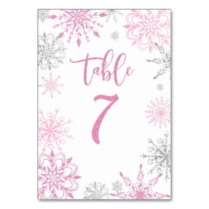 Tarjeta De Mesa Plata rosa Snowflakes baby ducha Siete