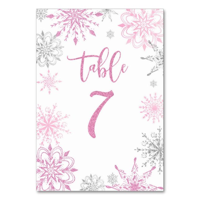 Tarjeta De Mesa Plata rosa Snowflakes baby ducha Siete (Reverso)