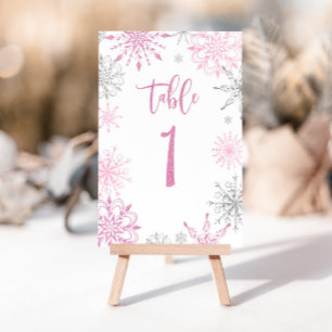 Tarjeta De Mesa Plata rosa Snowflakes baby ducha Uno