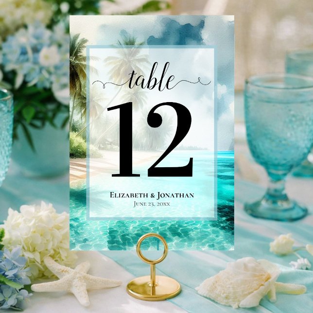 Tarjeta De Mesa Playa Tropical con Palmeras Boda Elegante (Each Number must be customized individually)