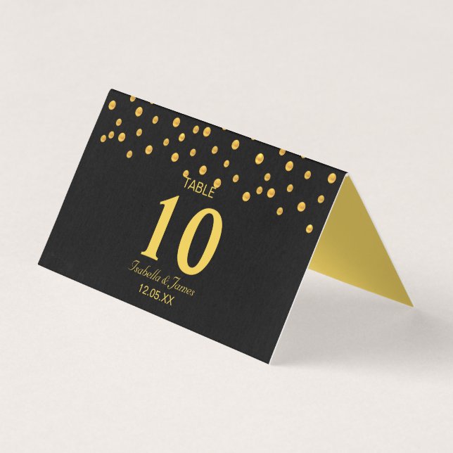 Tarjeta de mesa plegable negra con confeti dorado (Anverso)