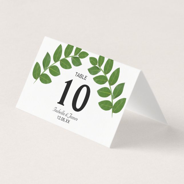 Tarjeta de mesa plegable para boda de hojas de lau (Anverso)