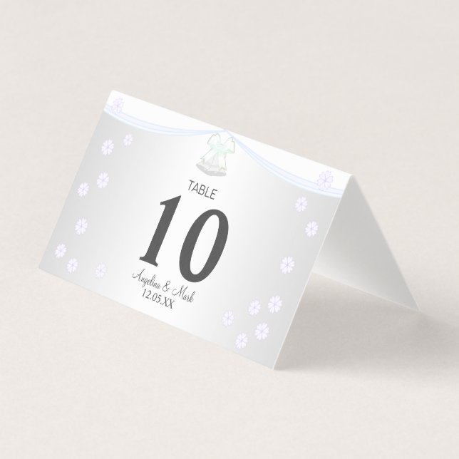 Tarjeta de mesa plegable para boda de plata y blan (Anverso)