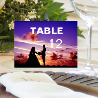 Tarjeta de mesa plegada de novia y novio en puesta