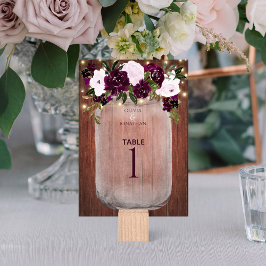 Tarjeta De Mesa Plum Floral Rustic Wood Mason Jar Boda