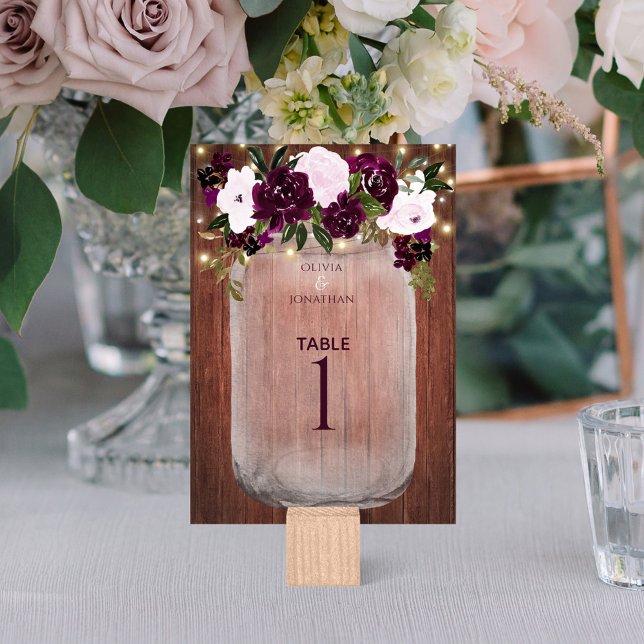 Tarjeta De Mesa Plum Floral Rustic Wood Mason Jar Boda (Subido por el creador)