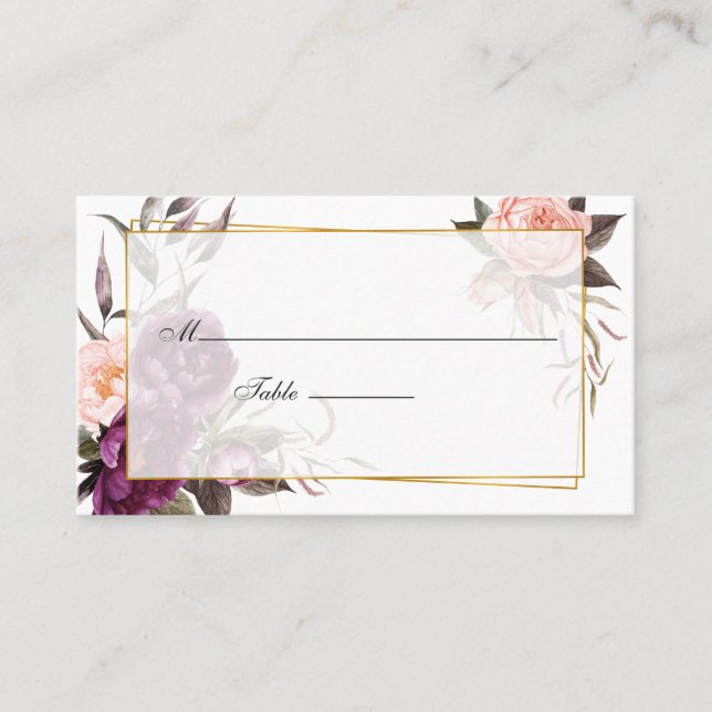 Tarjeta De Mesa Pluma de Borgoña y Boda Geométrico Floral Rubor (Anverso)