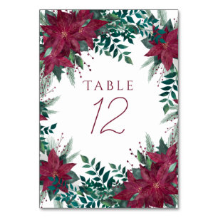 Tarjeta De Mesa Poinsettia Borgoña y marco floral invernal Verde a
