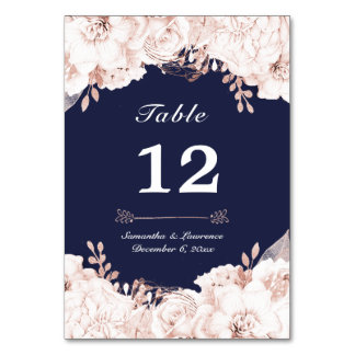 Tarjeta De Mesa Polvoriento Rosa Boda azul de la Marina Floral Bla