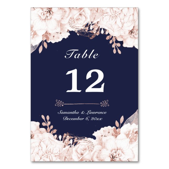 Tarjeta De Mesa Polvoriento Rosa Boda azul de la Marina Floral Bla (Anverso)