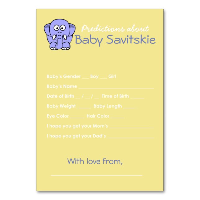Tarjeta De Mesa Predicciones sobre el juego Baby Shower (Anverso)