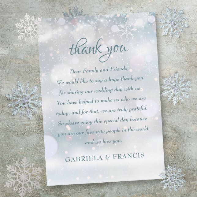 Tarjeta De Mesa Primer Boda de copos de nieve de invierno gracias (First Winter Snowflakes Wedding Thank You Place Card)